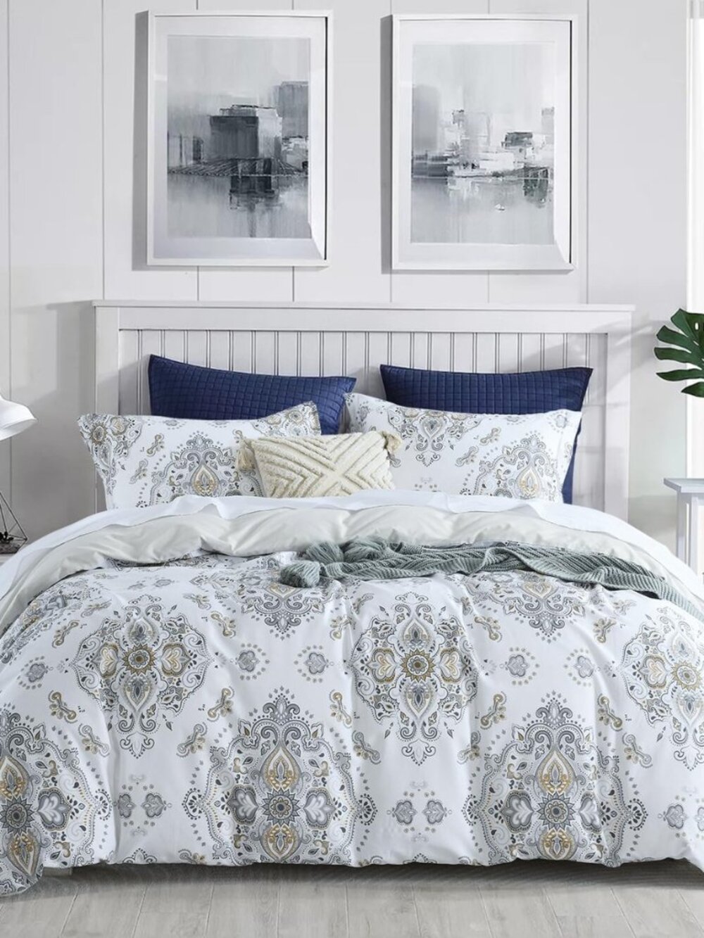 Damask Duvet Cover Queen Size, White Grey Floral, 100% Cotton